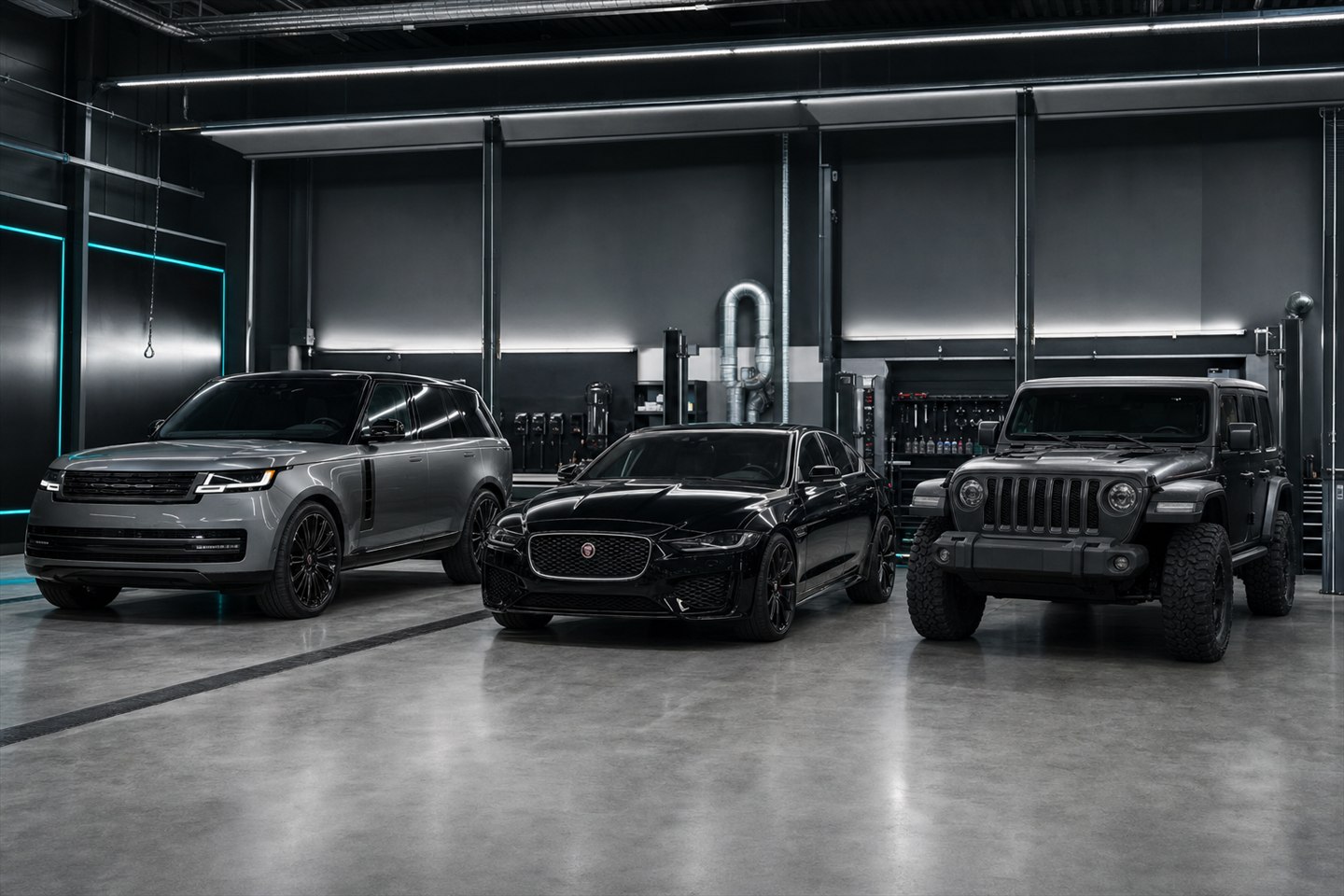 Range Rover, Jaguar και Jeep σε σύγχρονο συνεργείο αυτοκινήτων